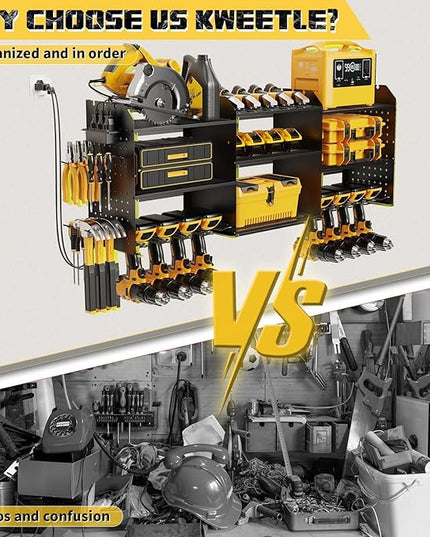 45" Power Tool Organizer Wall Mount with Charging Station - 3 Layer Storage Racks with 8 Cordless Drill Holder, 4 Hooks, Heavy Duty Garage Tool Organizer Storage for Workshop Shed Pegboard Basement