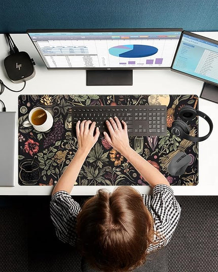Desk Mat Botanical Witchery Mouse Pad Gaming Mat Dark Keyboard Mat, Long Mouse Mat XXL Extended Desktop Pad Computer Mats with Stitched Edges, Office Desk Accessory Home Decor 31.5" x 15.7"