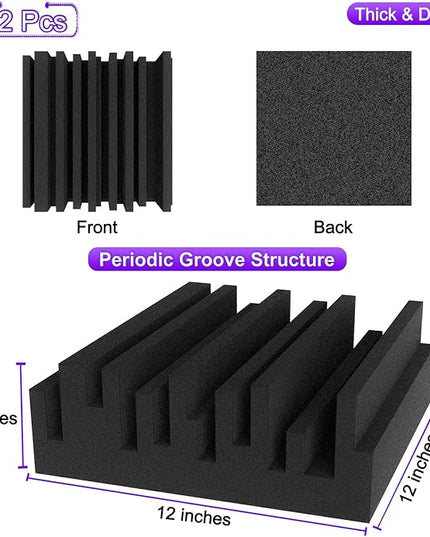 TroyStudio Thick Acoustic Foam Panels, 12 X 12 X 3 Inch 32 Pcs Broadband Sound Absorbing Foam, Dense Soundproof Padding Tile, Recording Studio Foam Absorber, Groove Decorative 3D Wall Ceiling Panel