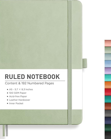 RETTACY Lined Journal Notebook, 192 Numbered Pages, A5 Medium Size (5.7'' x 8.3''), for Men & Women, Journaling, Writing, Work & Office, Leather Hardcover, 100 GSM Thick Paper (Light Green)
