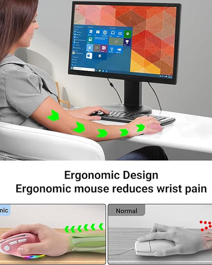 Ergonomic Mouse Jiggler,Bluetooth Vertical Wireless Mouse,LED Rechargeable Optical Computer Mice, Portable(BT5.2 or USB 2.4GHz) Dual Mode,1000/1600/2400 DPI,8 Buttons for Laptop,PC,Macbook (pink)