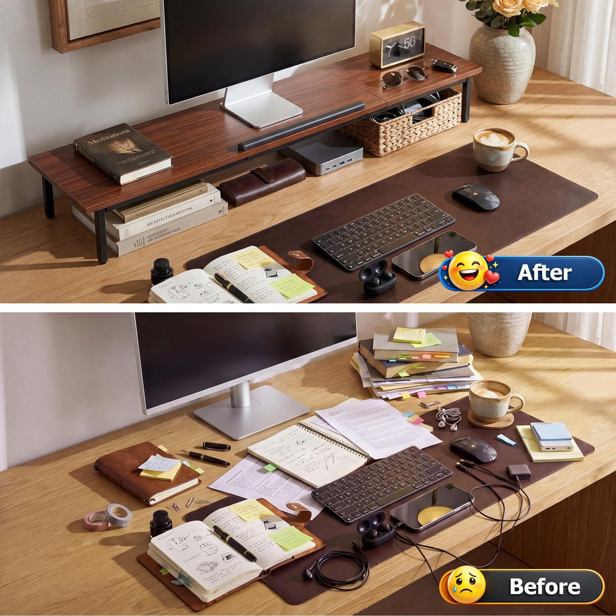 Dual Monitor Stand, 2-in-1 Adjustable Laptop Desk, Large Desktop Computer Monitor Riser For 2 Screens, Monitor Riser, Wood and Steel Multi-Purpose Desktop Storage Stand for Computer, Laptop, Screen, Printer, TV