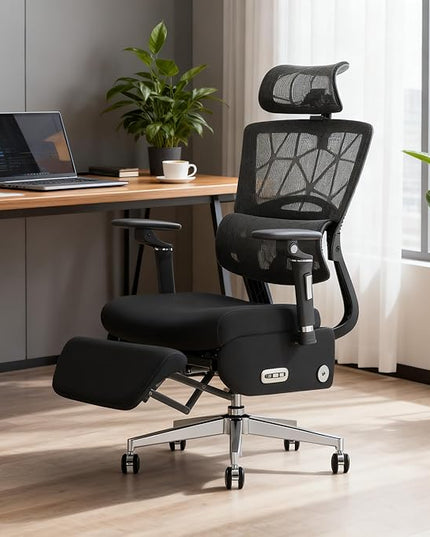 Dual-Motor Home Office Chair with Lumber Support, Reclining Mesh Chair with Footrest, 3D Headrest & 6D Armrests, Reclining Big and Tall 400LBS,Adjustable Back High (Modern, Black)