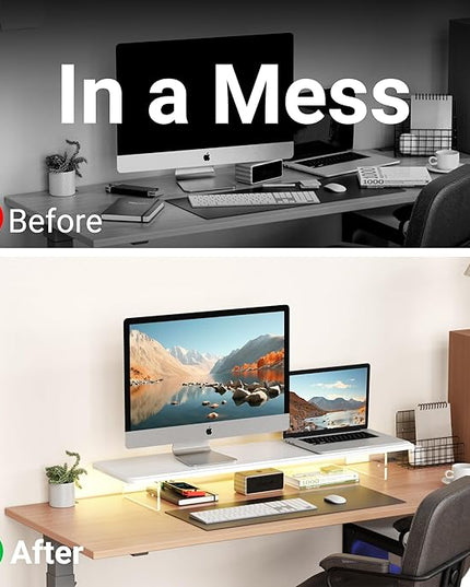 Monitor Stand Riser,31.5-Inch LED Light Wood Computer Monitor Stand with Adjustable Acrylic Legs,Desk Accessories Desktop Organizer Stand for, Computer,Laptop,Printer,PC TV Screen Riser,White