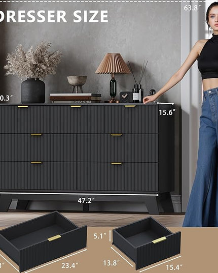 BORNOON Fluted 7 Drawer Dresser, 47.2" Wide Modern Boho Chest of Drawers, Wooden Storage Dresser TV Stand for Bedroom, Living Room, Closet, Hallway, Curved Profile Design