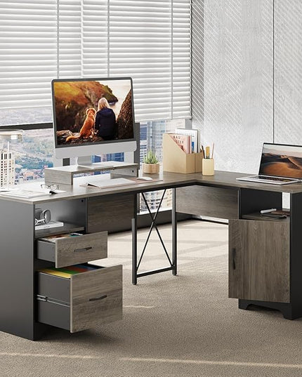 Bestier L Shaped Desk with File Drawers, 63" x 47" Office Computer Desk with Storage Cabinet, Corner Desk with Monitor Stand & Modesty Panel for Home Office, Gray