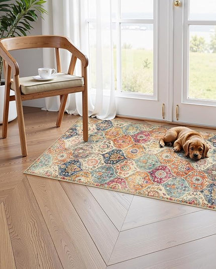 Lahome Kitchen Rugs Non Slip Washable Rugs for Entryway, 2x4 Rug Non-Slip Moroccan Trellis Ultra-Thin Indoor Door Mat Small Carpet for Bathroom Bedroom Entry, Cream/Multi