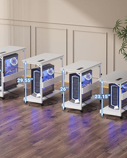 32" Large Computer Tower Stand with Power Strips, 4 Levels Manual Height Adjustable PC Tower Stand for Under Desk, Mobile Rolling CPU Holder Computer Cart with Wheels, Carbon Fiber White