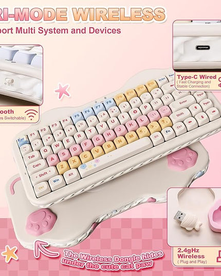 YUNZII C75 Wireless Mechanical Keyboard,75% Layout, Hot-Swappable NKRO,BT5.0/2.4G/USB-C Mode,Dye-Sub PBT MOA Keycaps,RGB Gasket Mount,Cute Cake Design for Mac/Win/Gaming (Beige, Milk V2 Switch)