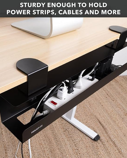 Mount-It! Clamp-On Under Desk Cable Management Tray – No-Drill Metal Cable Organizer for Office & Glass Desks, Secure Wire Management Tray for Power Strips & Cords – Sturdy Desk Cable Tray 23.6” Black