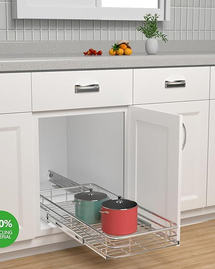 JOWBOOW Sliding Cabinet Organizer Pull Out Shelves (11" W x 21" D), Heavy-Duty Slide Out Shelf, Steel Metal Cabinet Roll Out Shelves for Kitchen Bathroom, Chrome
