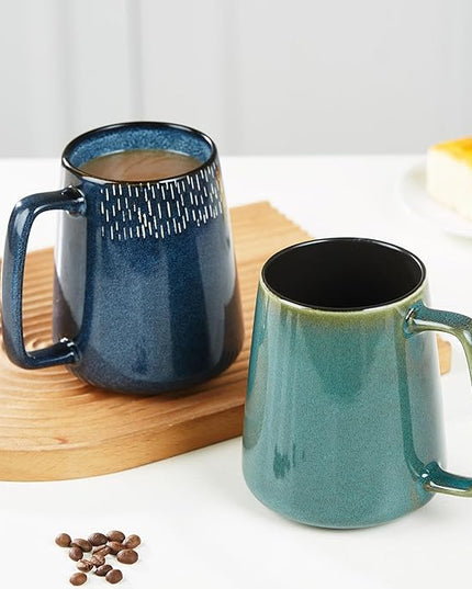 HYTYSKAR 24 OZ Extra Large Ceramic Coffee Mug, with Spoon and Wooden Lid, Big Tea Cups with a Large Handle for Office and Home, Microwave and Dishwasher Safe (24 oz Green Set)