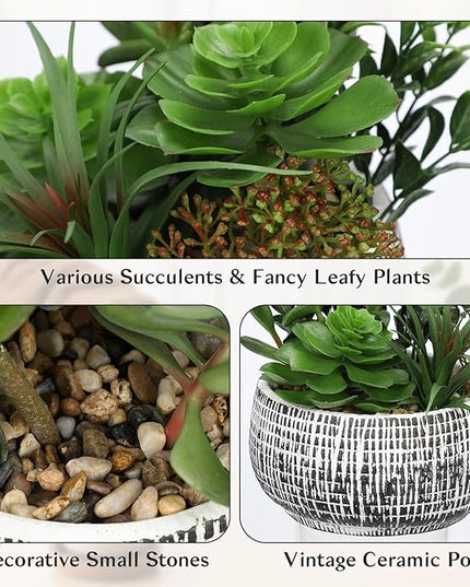 Villa Como 10” Large Succulents Plants Artificial in Ceramic Pots Potted Faux Succulent Arrangement with Black Bowl Pots Fake Desk Succulents Plants for Home Bathroom Shelf Table Indoor Decor