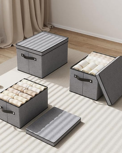 Foldable Storage Bins with Lids, 15 x 9.8 x 8.3 Inch Storage Boxes with Handles, Fabric Closet Organizers for Wardrobe, Gray, 3-Pack