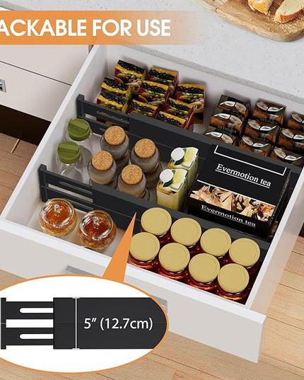 Bamboo Drawer Dividers Organizers, Kitchen Drawer Organizer, Adjustable Drawer Divider for Clothes, Kitchen, Dresser, Bedroom, Bathroom and Office, 4-Pack (Black, 12-17 IN)