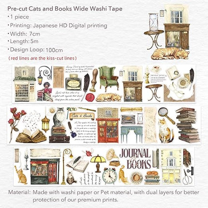 WT Pre-Cut Cats and Books Wide Washi Tape, One Roll 5 Meters, Decorative Cute Washi Tape for Bible Journaling, Bullet Journal Supplies,Scrapbooking Supplies,Planners, Party Decorations