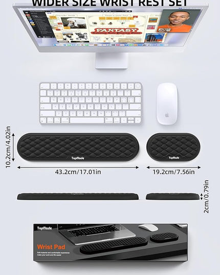 TopMade Upgraded Wider Wrist Rest Set, Soft Memory Foam Keyboard Hand Rest Pad, Computer Ergonomic Keyboard Mouse Wrist Support for Typing Pain Relief, Comfort for Office, Gaming, Study, Black