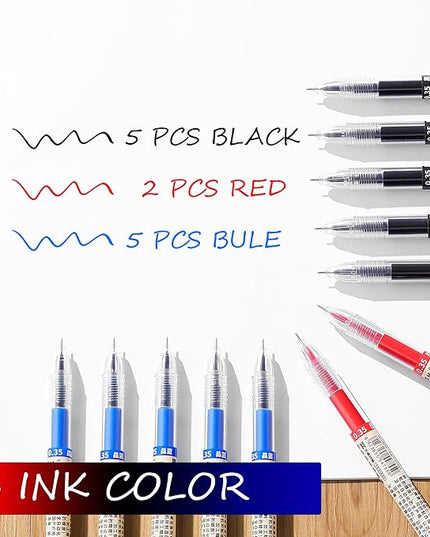 RIANCY Black Blue Red Gel Ink Pens, 0.35mm Extra Fine Point Smooth Writing Rollerball Pens, Japanese Style No Smudge Ballpoint Pen, Quick Drying for Journaling Office School Stationery Supplies 12Pcs