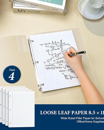 400 Sheets 8.5 x 11 Wide Ruled Paper, Loose Leaf Paper, 3 Hole Punch Paper 8.5 x 11 White Loose Leaf Notebook Paper for 3 Ring Binders, Lined Paper Wide Ruled, Writing Paper (4 Pack)