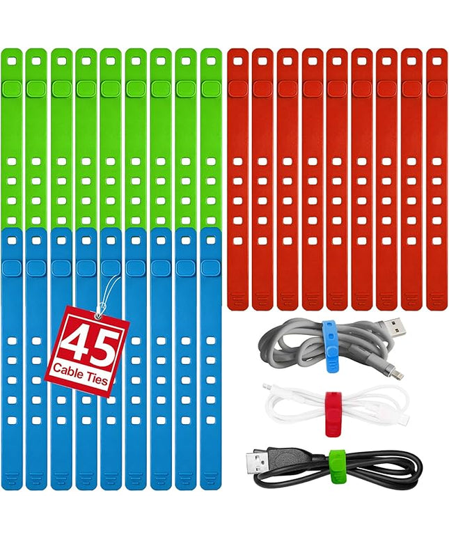 AROIC Reusable Silicone Cable Ties, 45Pcs Adjustable Travel Cord Organizer, Washable Cable Management with Adjustable Locking Buckle, Multicolor Elastic Cord Holder Organization Home Office Essentials