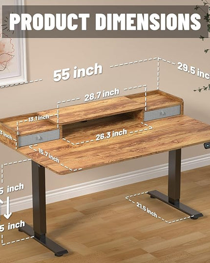 55 x 30 Inch Electric Standing Desk with 2 Drawers, Adjustable Height Widened Stand Up Desk with Storage, Sit to Stand Ergonomic Workstation for Home Office, Light Rustic