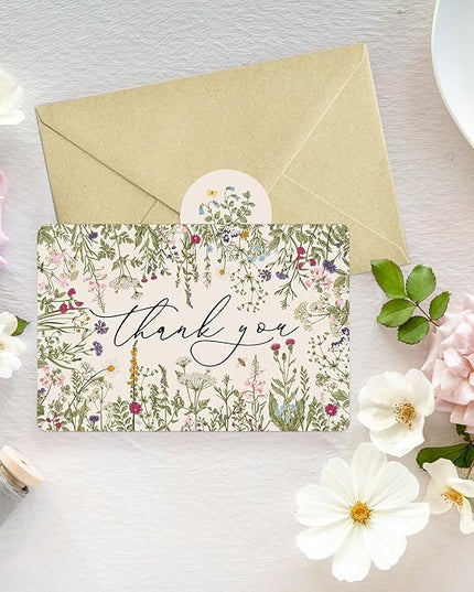 Artoid Mode 24 Pack Leaves Wildflower Thank You Cards Flower Greeting Cards Gift With Envelope Sticker Blank Note Cards for Birthday Wedding Baby Shower Bridal Shower, 4 x 6 Inch