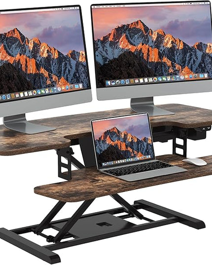 SANODESK Standing Desk Converter with Electric Motor 42" Height Adjustable Riser for Office Home,Dual Monitor and Laptop Workstation with Large Keyboard Tray, Rustic Color