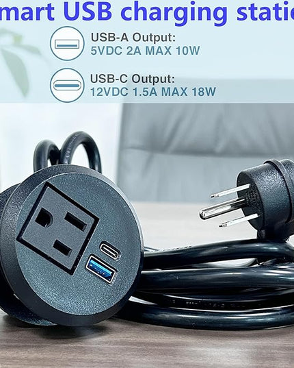 Desktop Power Outlet,2-inch Built in Power Strip,Slim Flat Plug Power Outlet,1 USB and 1 Type-C,20W PD Fast Charging,Home,Desk,6.5 Ft Cable (Black)