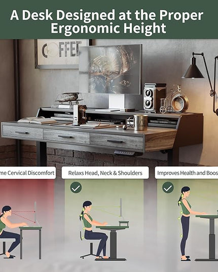 FEZIBO Electric Standing Desk Adjustable Height with Drawers, 55 x 26 Inches Stand Up Desk with Monitor Shelf and Storage, Rustic Grey
