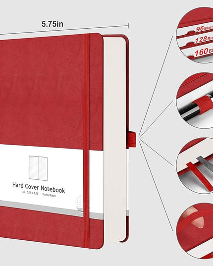 AHGXG Bullet Dotted Journal - 320 Numbered Pages Dot Grid Notebook A5 Thick Journal, 100gsm Thick Dotted Paper, Leather Hardcover,Inner Pocket, 5.75'' × 8.38'' - Red