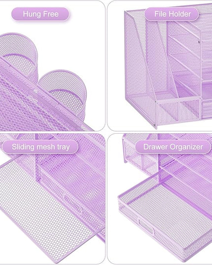 Marbrasse Desk Organizer with File Holder, 5-Tier Paper Letter Tray Organizer with Drawer and 2 Pen Holder, Mesh Desktop Organizer and Storage with Magazine Holder for Office Supplies(Purple)