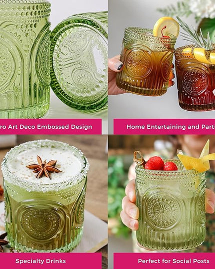 Kate Aspen Retro Arch Floral Green Drinking Glasses Set of 6-10 oz Vintage Beaded Glassware, Textured Water & Cocktail Cups, Holiday Drinkware, Christmas Gift Glass Set, Hostess or Holiday Gift
