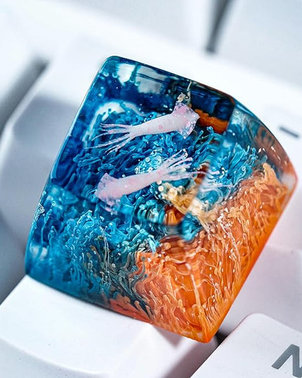 Couple Squids in Teal Orange Coral Artisan Keycap R1 SA Profile Custom Sea Creatures Keycaps 1U ESC Handmade Gaming Resin Key cap Cherry MX Switch Compatible Mechanical Keyboard Sea Ocean Lover Gift