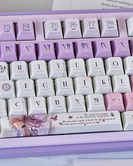 PBT Custom Keycaps 130 Keys, Japanese Anime Purple Keycaps Cherry Profile Dye Sublimation Keycap, Manga Style Key Cap Set for 60% 65% 75% TKL 100% Mechanical Keyboard