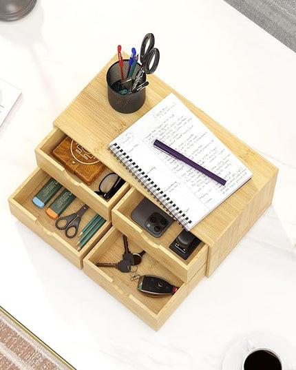 Bamboo Desk Organizer with Drawers - Small Desktop Countertop Mini Tabletop Storage Container - No Assembly Required