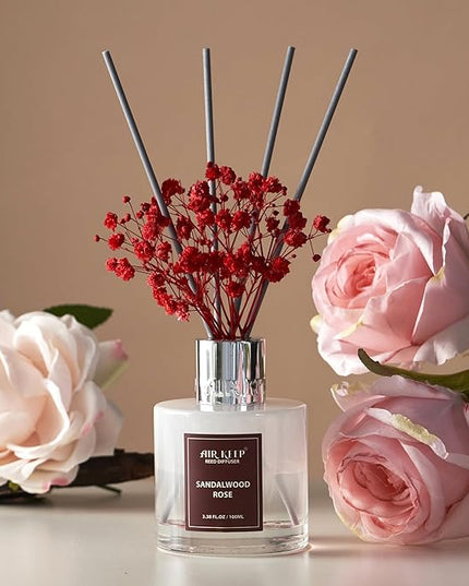 Airkeep Reed Diffuser Set,3.38 fl oz (100 ml) - Sandalwood Rose Oil Diffusers with 8 Reed Sticks,Home Fragrance Reed Diffuser for Bathroom Shelf Decor