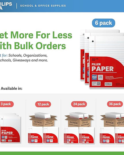 Wide Ruled Loose Leaf Paper Wide Ruled Notebook Paper Lined Writing Filler Paper 10.5” x 8” 56 gsm 900 Sheets 150 Sheet Per Pack (6 Pack)