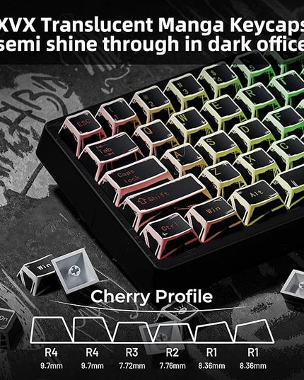 XVX Black Translucent Keycaps,PBT Keycap Set Cherry Profile,Dye Sublimation Graffiti Keyboard Keycaps Suitable for 60% 65% 75% 80% 100% MX Switches Mechanical Keyboard