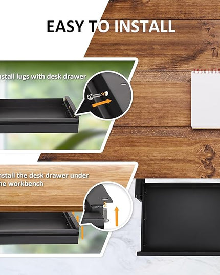 POPMOON Under Desk Drawer For Desk 13.8 * 8.8 * 3.5 in, Pull out Storage Organizer with Slide Extension Mounted Under Flat Wooden Table or Workbench, Carbon Steel Hidden Desk Drawer