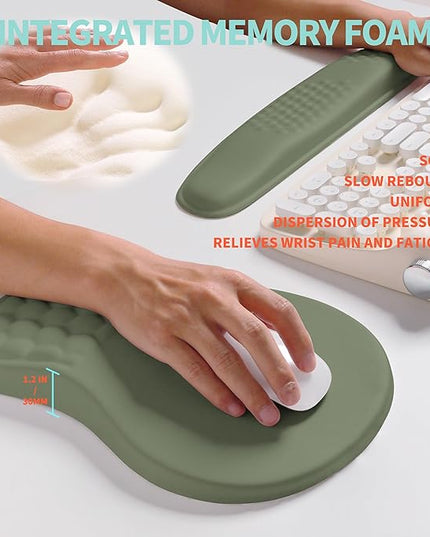2-in-1 Ergonomic Set, Wave Rise Keyboard Wrist Rest and Massage Bulge Slope Mouse Pad Wrist Support, Cushion Memory Foam Integrated to Relieve Wrist Pain, Olive Green