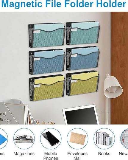 Magnetic Wall File Holder 3-Pack - Mesh Organizer with Strong Magnets for Office, Home & School - Space Saving Black Document Organizer