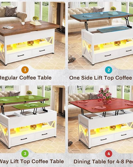 Itaar 40" Lift Top Coffee Table, 4 in 1 White Coffee Tables with Storage for Living Room, Small Coffee Table with 2 Drawers & LED Light for Dining Room, White and Rustic Brown