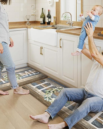 KIMODE Anti Fatigue Mats for Kitchen Floor,Comfort Cushioned Rugs Sets of 2,Wide Farmhouse Memory Foam Carpet Non Slip for Laundry Sink Office Bathroom,Blue 20"x47"+20"x32"