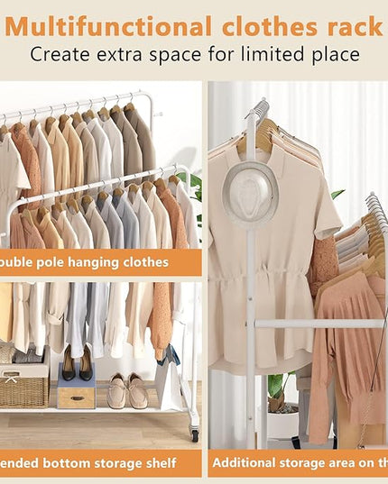 Laiensia Double Rods Garment Rack with Wheels, Clothing Rack for Hanging Clothes,4 Hooks, Multi-functional Bedroom Clothes Rack, White