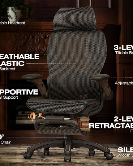 ELABEST X100 Ergonomic Office Chair with Footrest, Big and Tall Home Desk Chair with 5D Flip-Up Arms, Adjustable 3D Lumbar Support,High Back Rolling Computer Chair, Swivel Mesh Chairs (Library Oak)