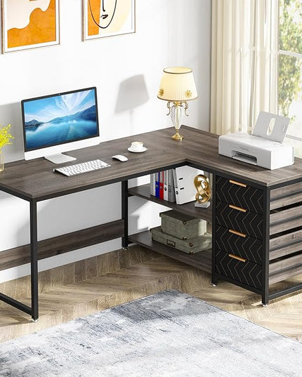 Tribesigns L Shaped Computer Desk with Storage Drawers, 59 inch Corner Desk with Shelves, Reversible L-Shaped Office Desk Writing Table Workstation for Home Office, Grey
