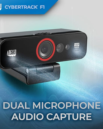 ADESSO CyberTrack F1 1080P HD Fixed Focus USB Windows Hello Webcam, Camera for Desktop PC Built-in Dual Microphone, Privacy Shutter, Audio/Video Mode Privacy ON/Off Switch & Tripod Mount