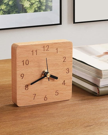 Kattepote Wooden Table Clock on Stand, Decorative Battery Operated Desk and Shelf Clock, Silent Non-Ticking Desktop Clock for Office, Living Room or Bedroom Decor, Square Shape, Beech Wood
