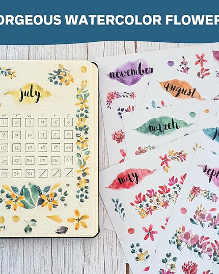 Transparent Monthly Planner Stickers - 12 Clear Sticker Sheets with Beautiful Watercolor Stickers & Undated Calendar Sticker Months - Planner, Scrapbooking and Journaling Supplies (Floral)