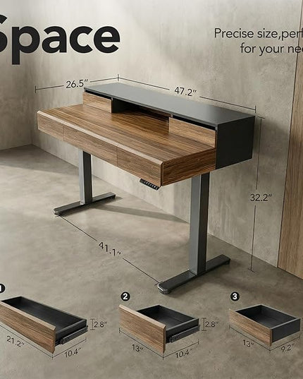 ErGear Electric Standing Desk with 5 Solid Wood Drawers, 48 x 26 Inches Whole Piece Desktop, with Desktop Riser Stand, Compatible with C-Clamp Monitor Arms, Modern Office Desk, Dark Walnut